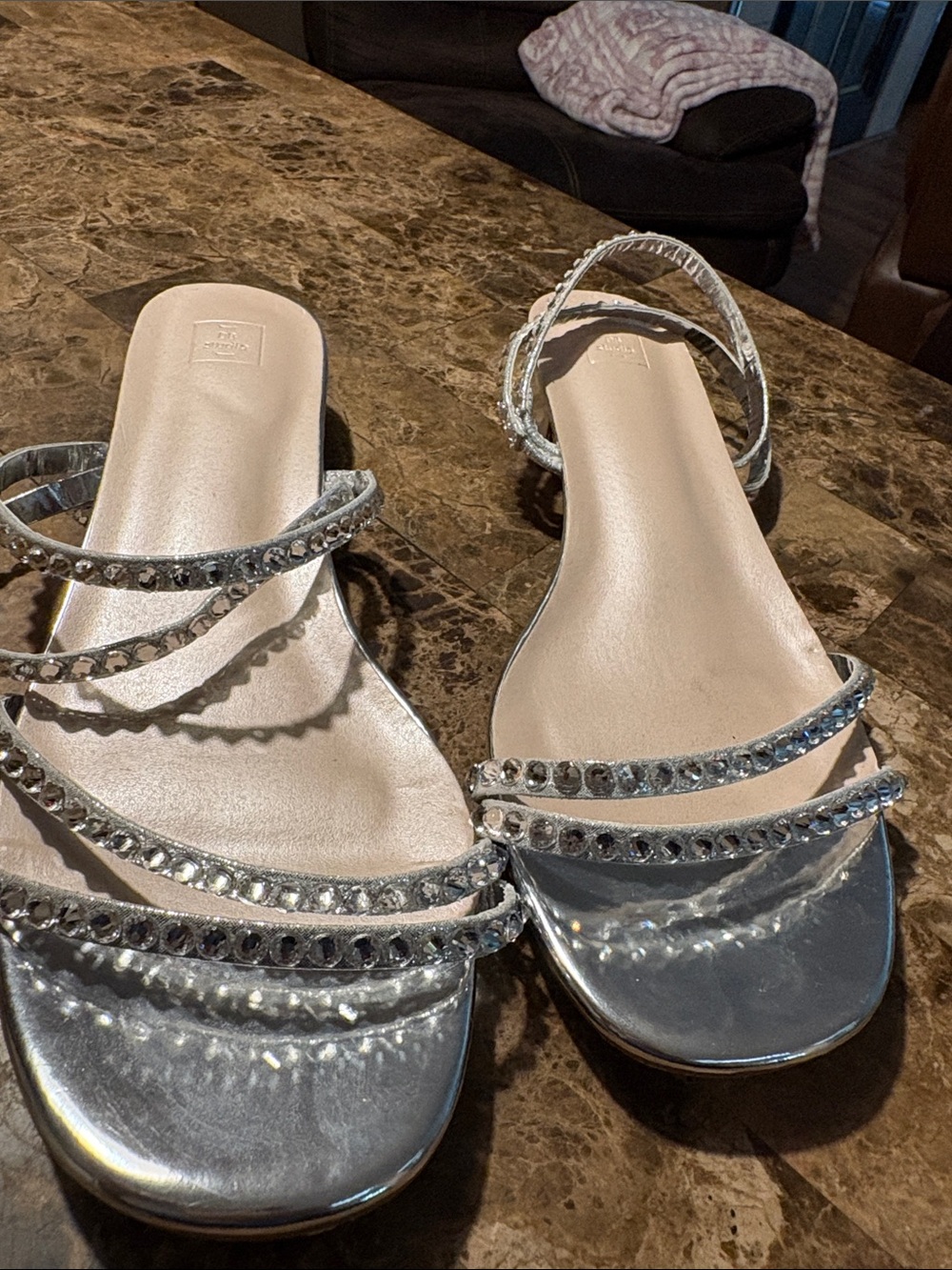 Women's Silver Embellished Strappy Slide Sandals. Worn once.
